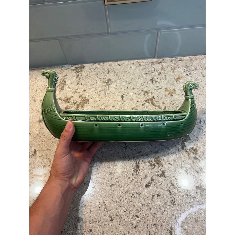 Vintage Green Ceramic Viking Longship Planter Dragon Boat Centerpiece 15 Inch - Picture 5 of 11